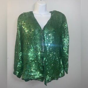 Awesome Vintage Emerald Green Festive Sequin Blazer Jacket Sz M
